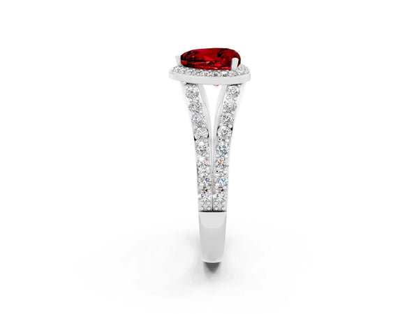 Silver Heart Cut Ruby Split Shank Halo Ring with Four-Prong Setting