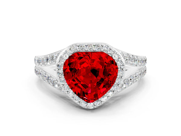 White gold Heart Cut Ruby Split Shank Halo Ring with Four-Prong Setting