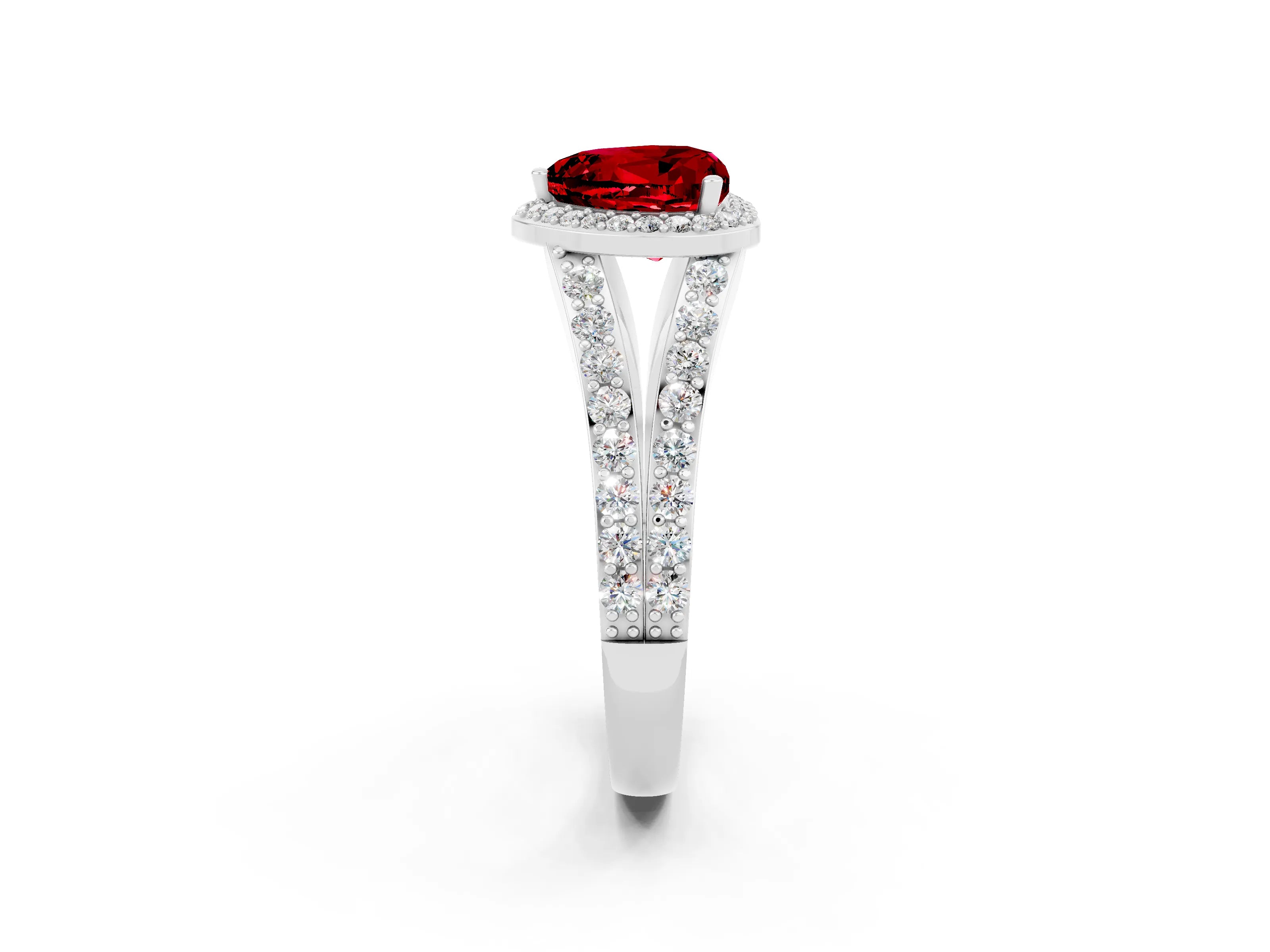 White gold Heart Cut Ruby Split Shank Halo Ring with Four-Prong Setting_62