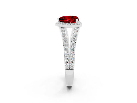 White gold Heart Cut Ruby Split Shank Halo Ring with Four-Prong Setting_62