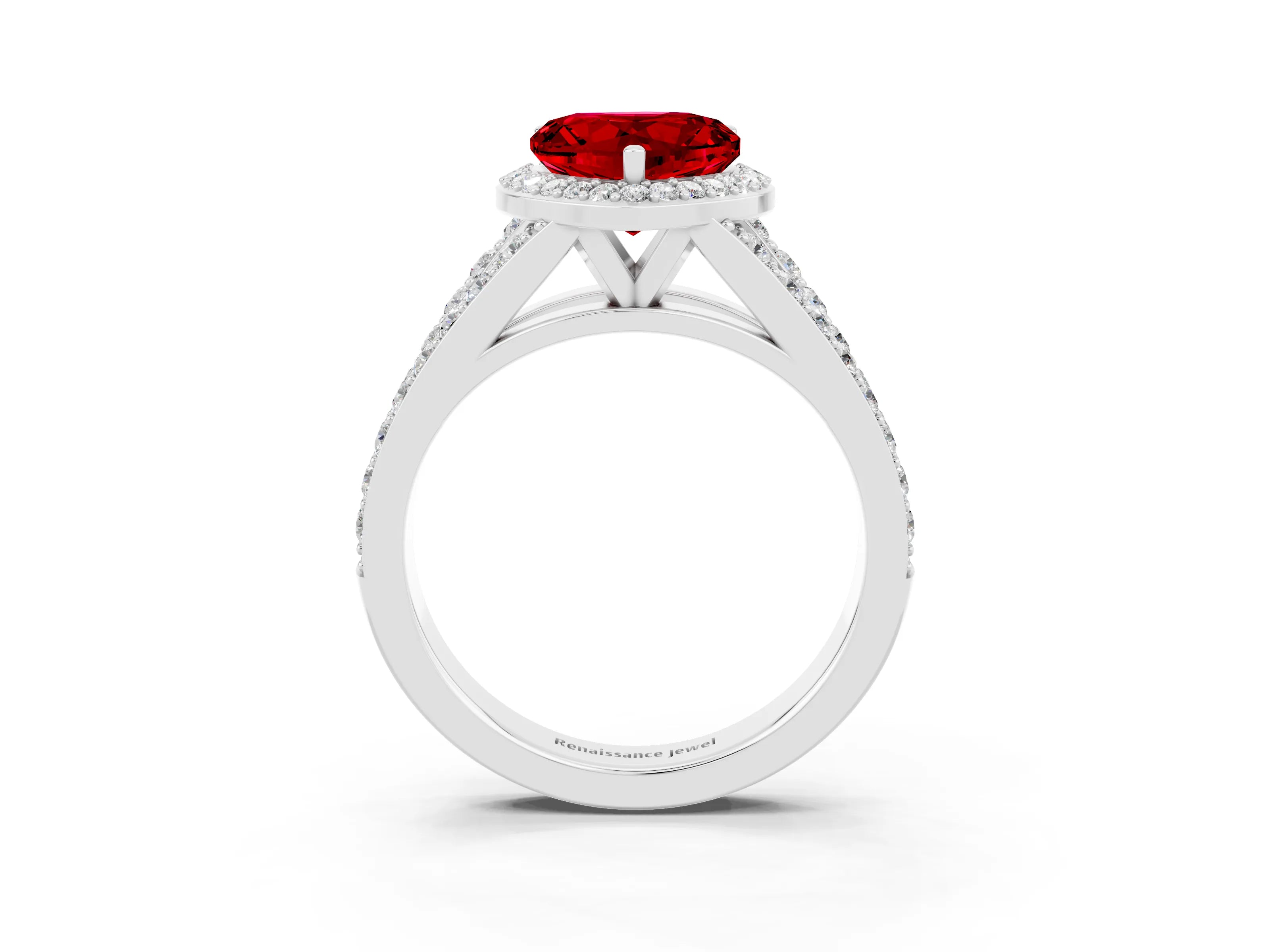 White gold Heart Cut Ruby Split Shank Halo Ring with Four-Prong Setting_63