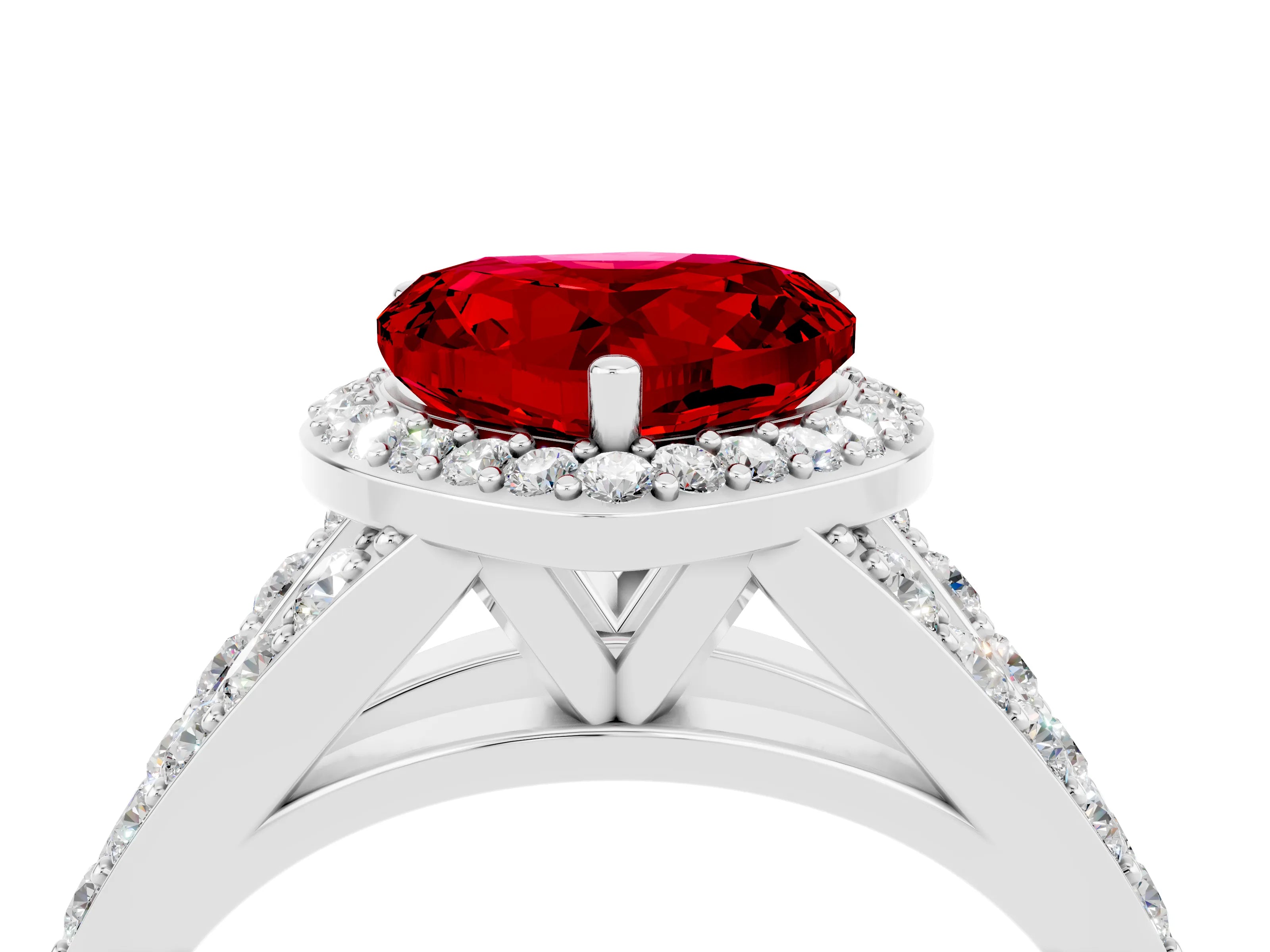 White gold Heart Cut Ruby Split Shank Halo Ring with Four-Prong Setting_64