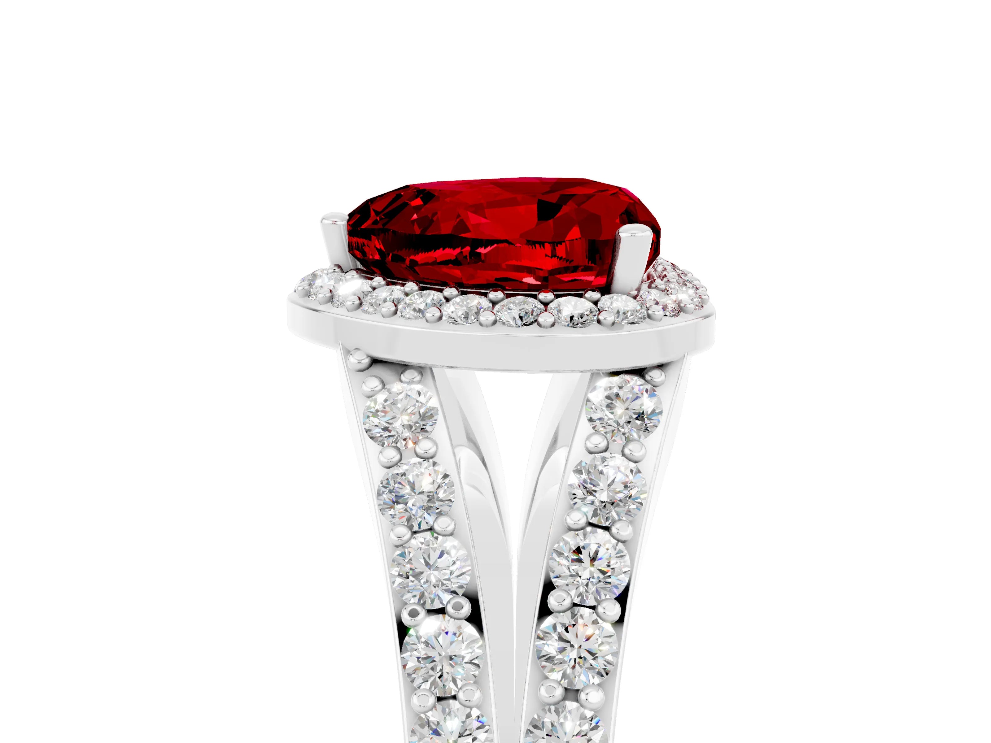 White gold Heart Cut Ruby Split Shank Halo Ring with Four-Prong Setting_65