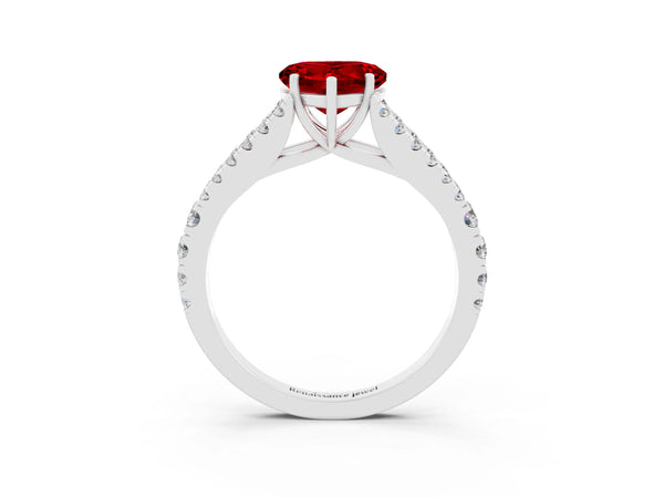 Silver Heart Cut Ruby Split Shank Pavé Engagement Ring with Four-Prong Setting