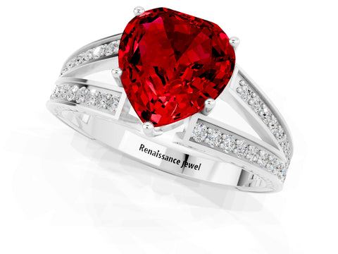 White gold Heart Cut Ruby Split Shank Ring with Pavé Band and Four-Prong Setting_1