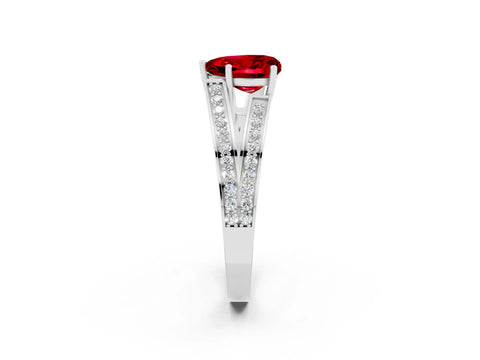 White gold Heart Cut Ruby Split Shank Ring with Pavé Band and Four-Prong Setting_2