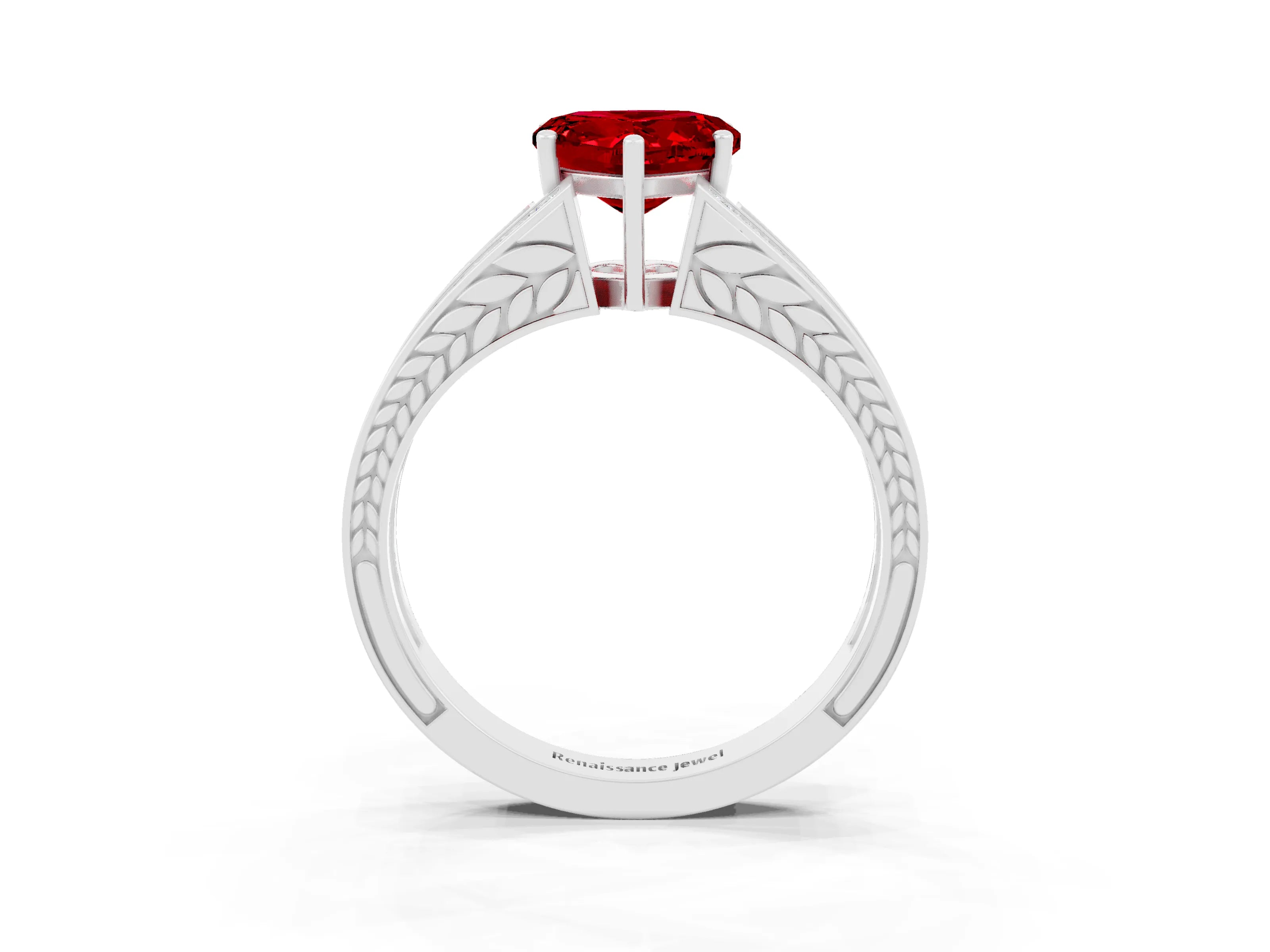 White gold Heart Cut Ruby Split Shank Ring with Pavé Band and Four-Prong Setting_3