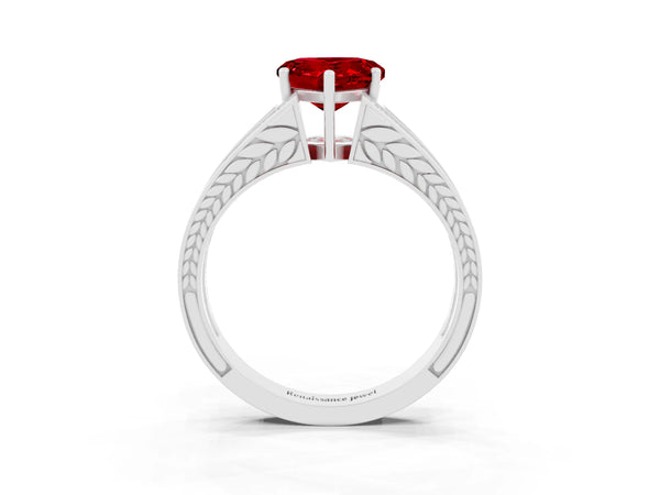 Silver Heart Cut Ruby Split Shank Ring with Pavé Band and Four-Prong Setting