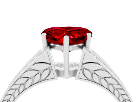 White gold Heart Cut Ruby Split Shank Ring with Pavé Band and Four-Prong Setting_4
