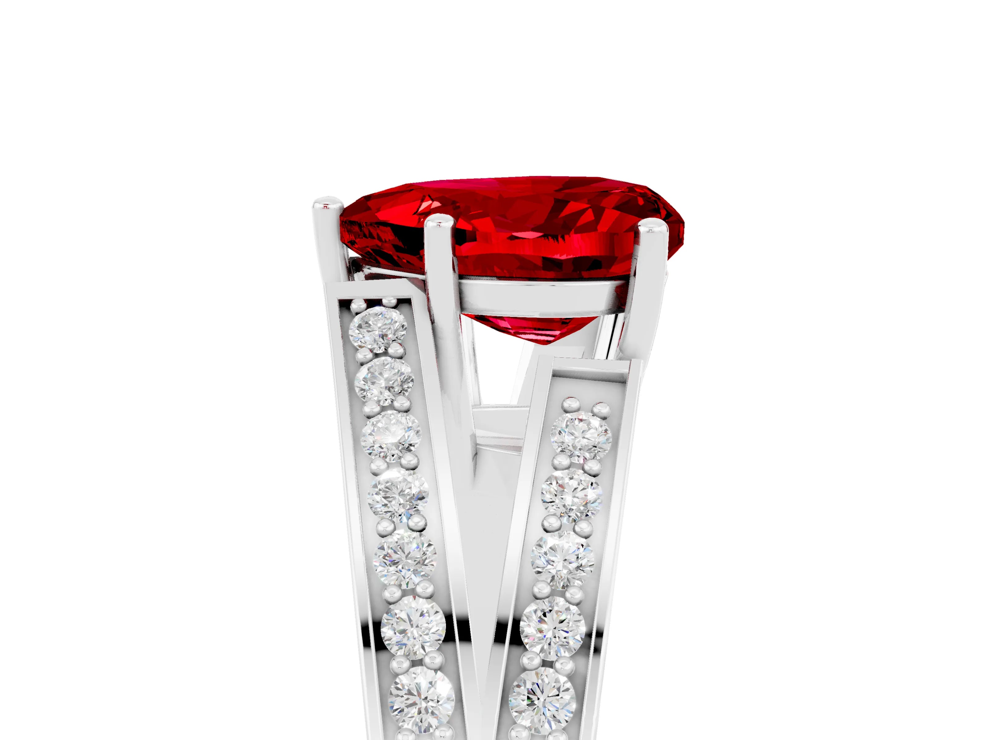 White gold Heart Cut Ruby Split Shank Ring with Pavé Band and Four-Prong Setting_5