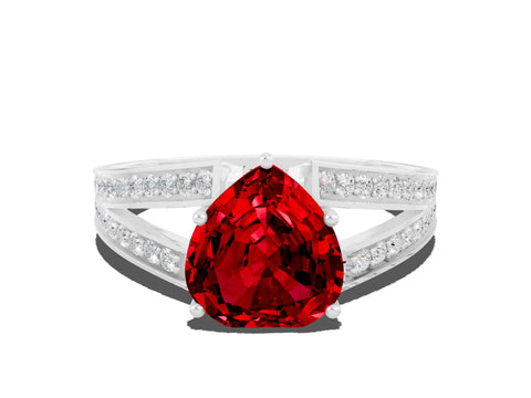 White gold Heart Cut Ruby Split Shank Ring with Pavé Band and Four-Prong Setting