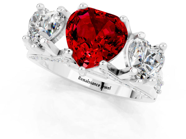Silver Heart Cut Ruby Three-Stone Ring with Channel Set Band and Four-Prong Setting