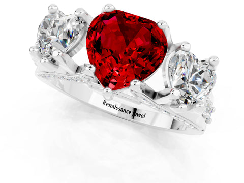 White gold Heart Cut Ruby Three-Stone Ring with Channel Set Band and Four-Prong Setting_1