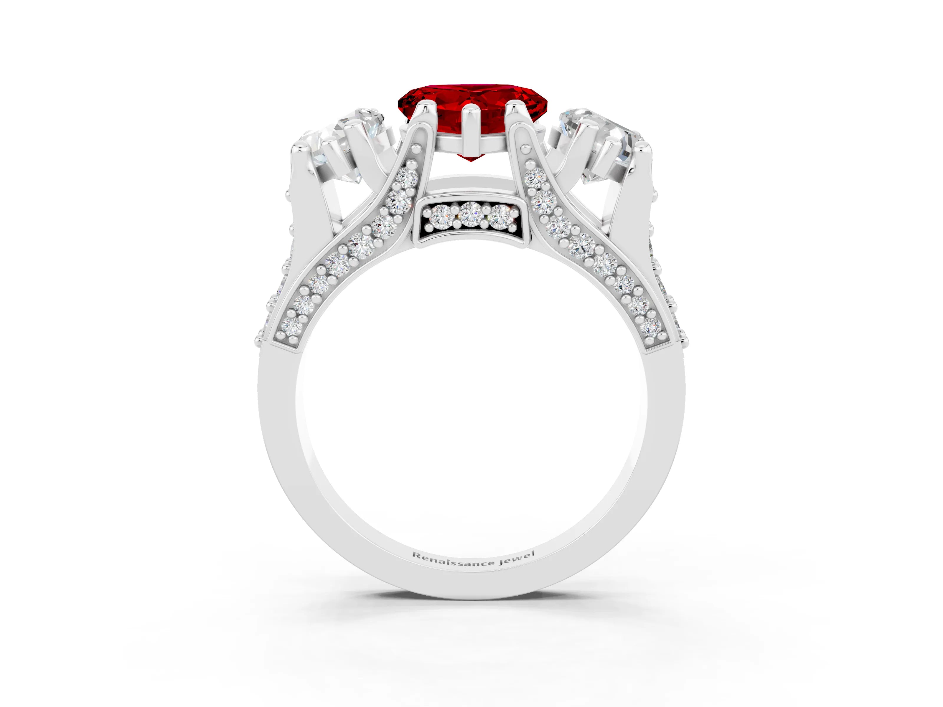 White gold Heart Cut Ruby Three-Stone Ring with Channel Set Band and Four-Prong Setting_3