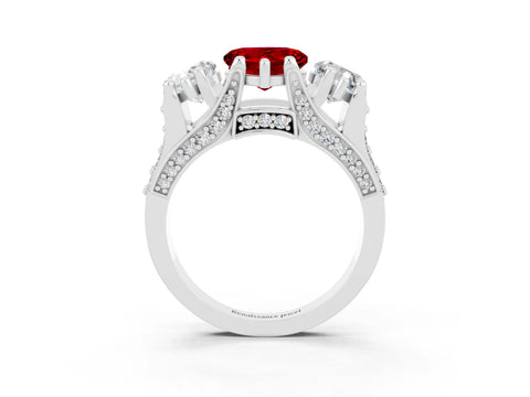 White gold Heart Cut Ruby Three-Stone Ring with Channel Set Band and Four-Prong Setting_3