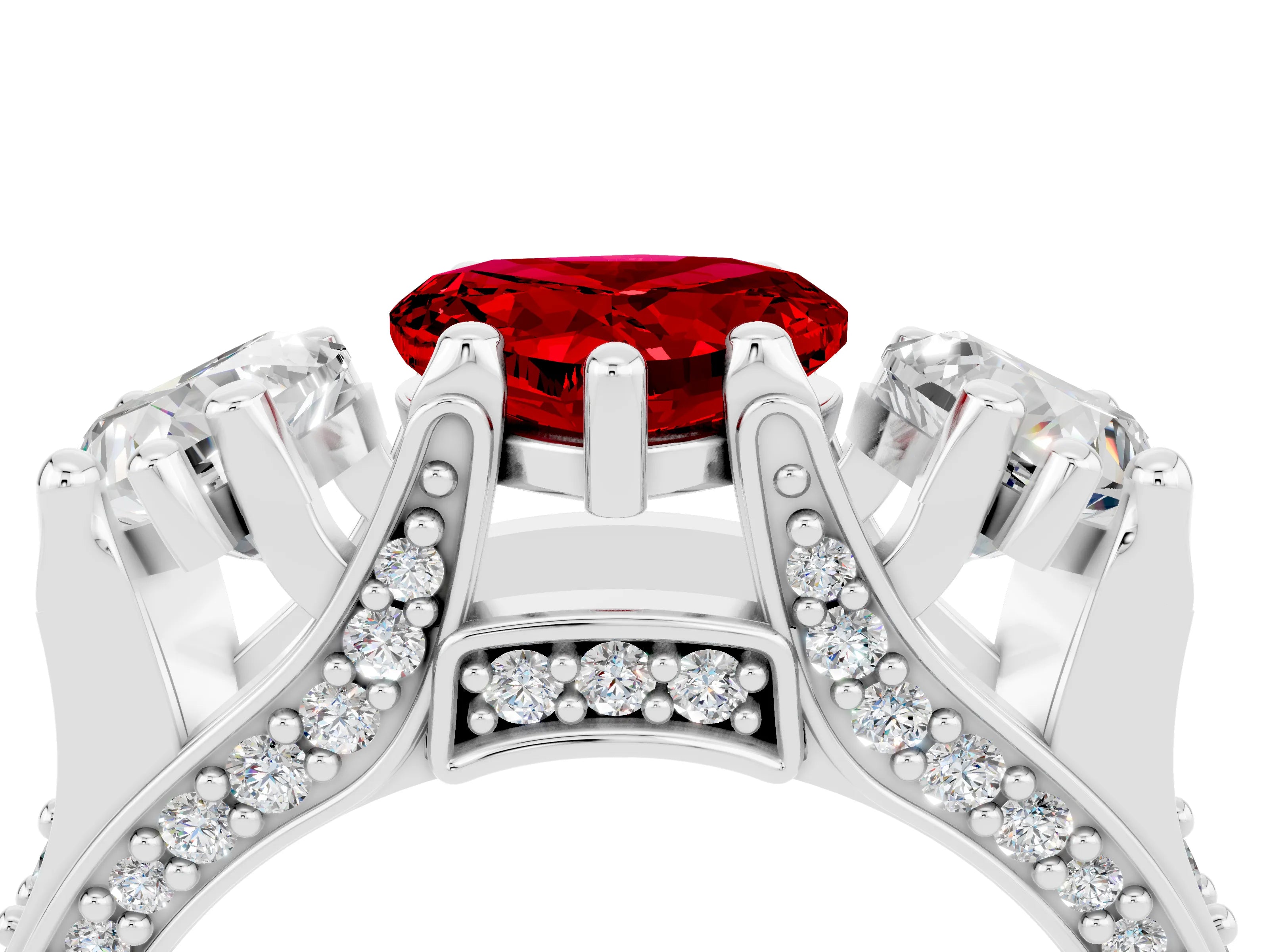 White gold Heart Cut Ruby Three-Stone Ring with Channel Set Band and Four-Prong Setting_4