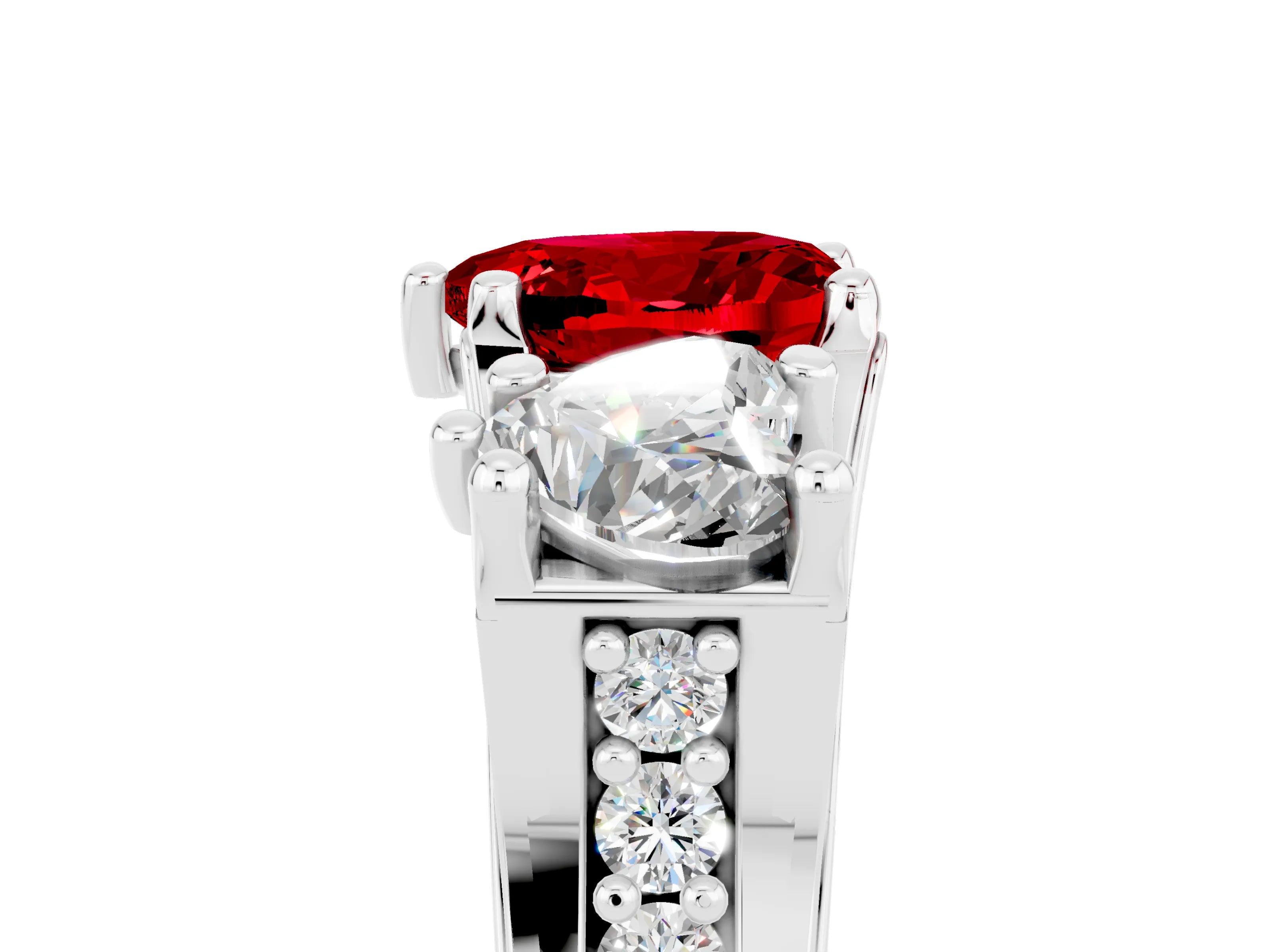 White gold Heart Cut Ruby Three-Stone Ring with Channel Set Band and Four-Prong Setting_5