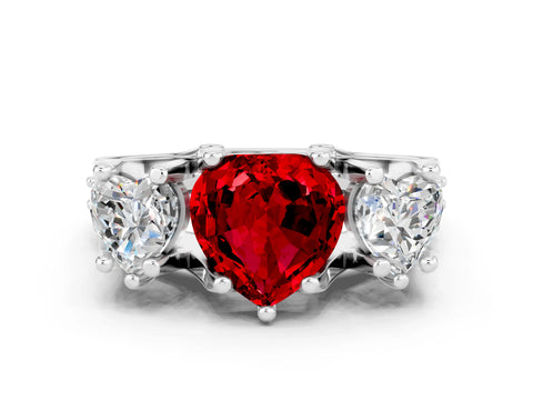 White gold Heart Cut Ruby Three-Stone Ring with Channel Set Band and Four-Prong Setting