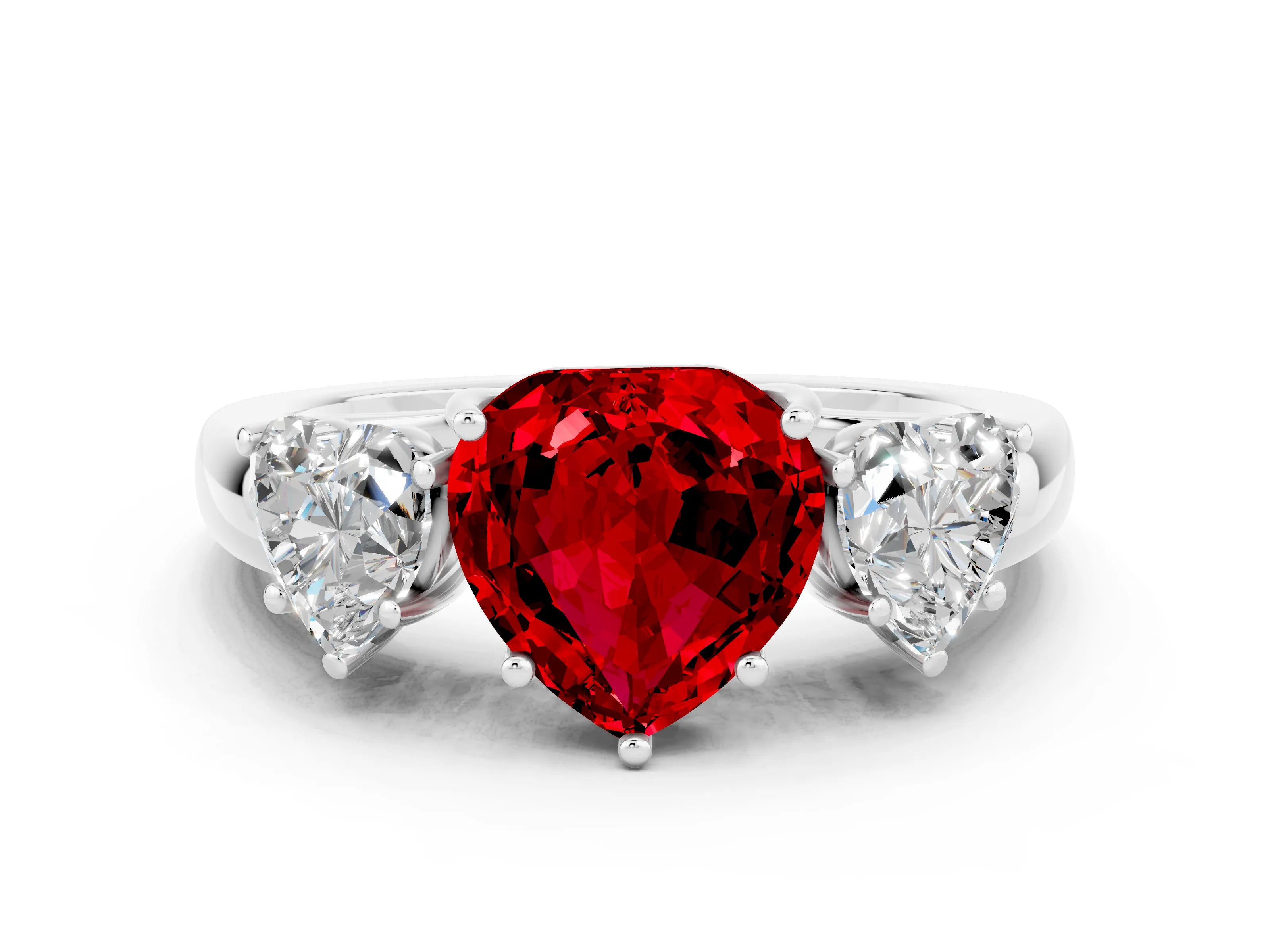 White gold Heart Cut Ruby Three-Stone Ring with Four-Prong Setting and Classic Band
