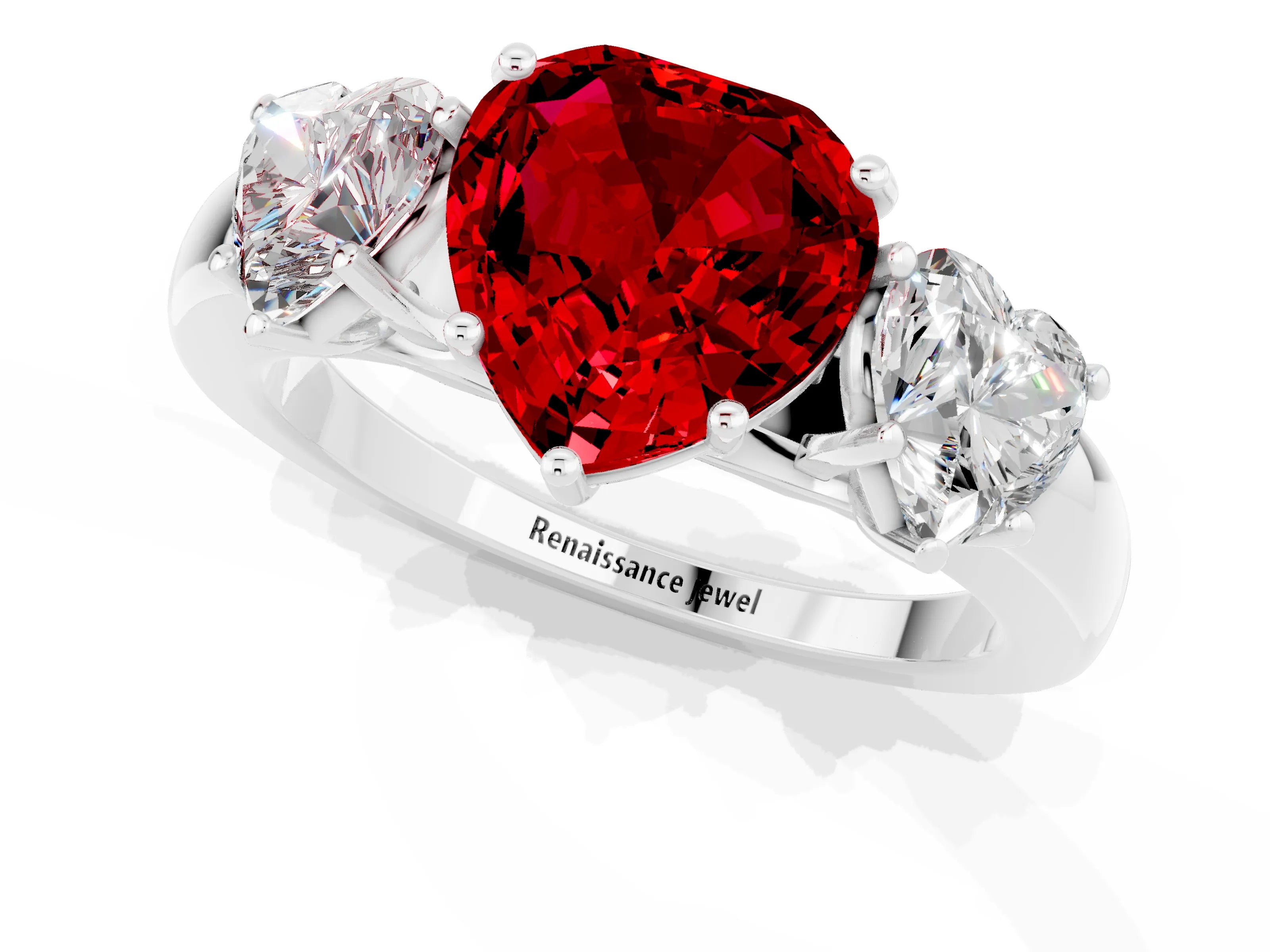 White gold Heart Cut Ruby Three-Stone Ring with Four-Prong Setting and Classic Band_1