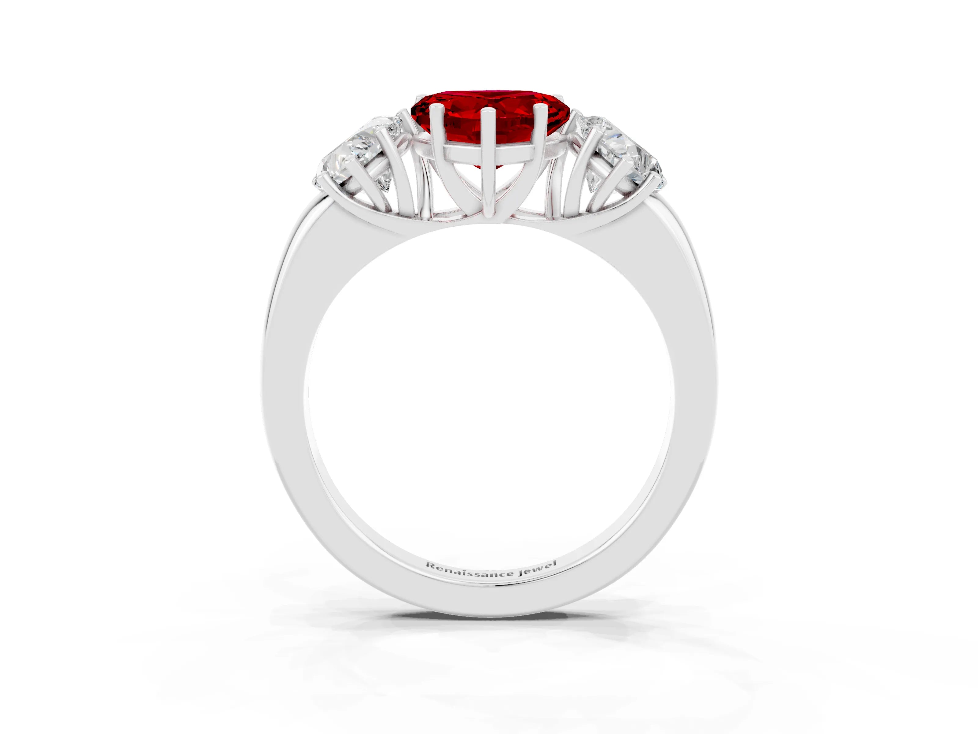 White gold Heart Cut Ruby Three-Stone Ring with Four-Prong Setting and Classic Band_3