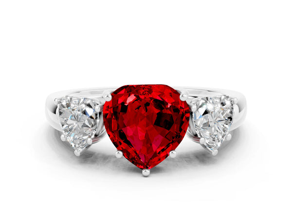 Silver Heart Cut Ruby Three-Stone Ring with Four-Prong Setting and Classic Band