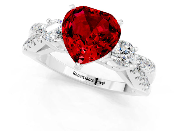 White gold Heart Cut Ruby Three-Stone Ring with Pavé Split Shank and Four-Prong Setting