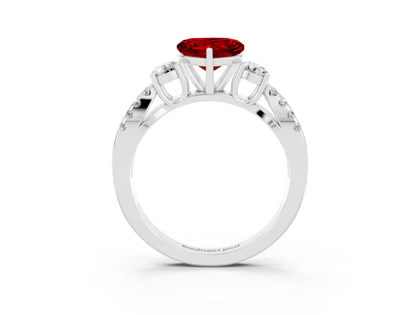 White gold Heart Cut Ruby Three-Stone Ring with Pavé Split Shank and Four-Prong Setting