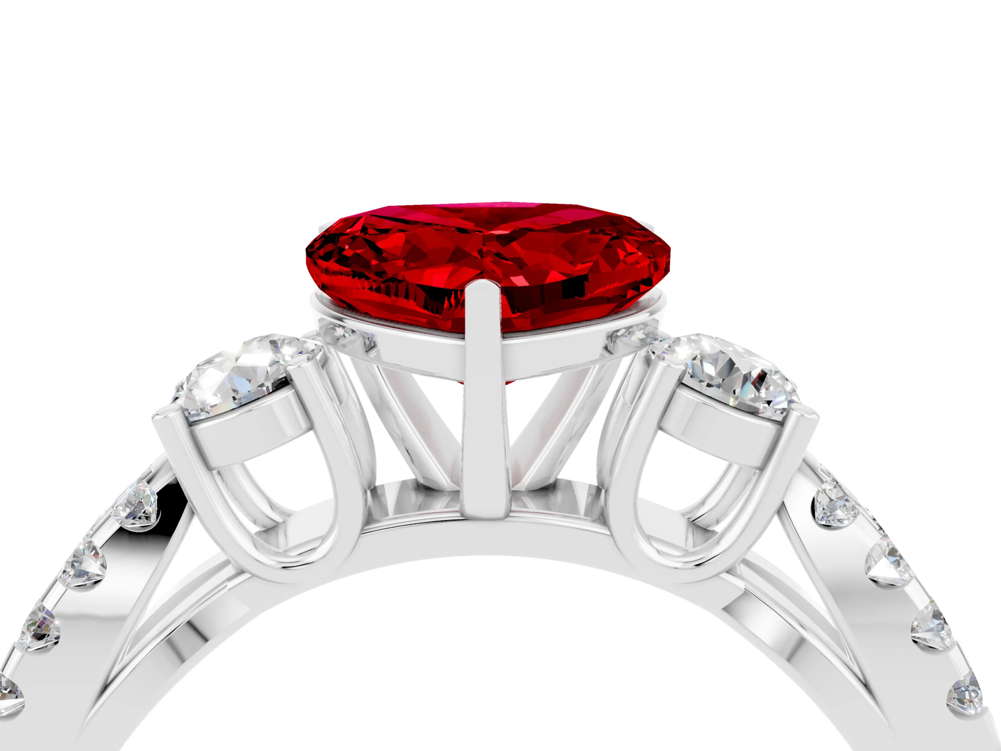 White gold Heart Cut Ruby Three-Stone Ring with Pavé Split Shank and Four-Prong Setting_28