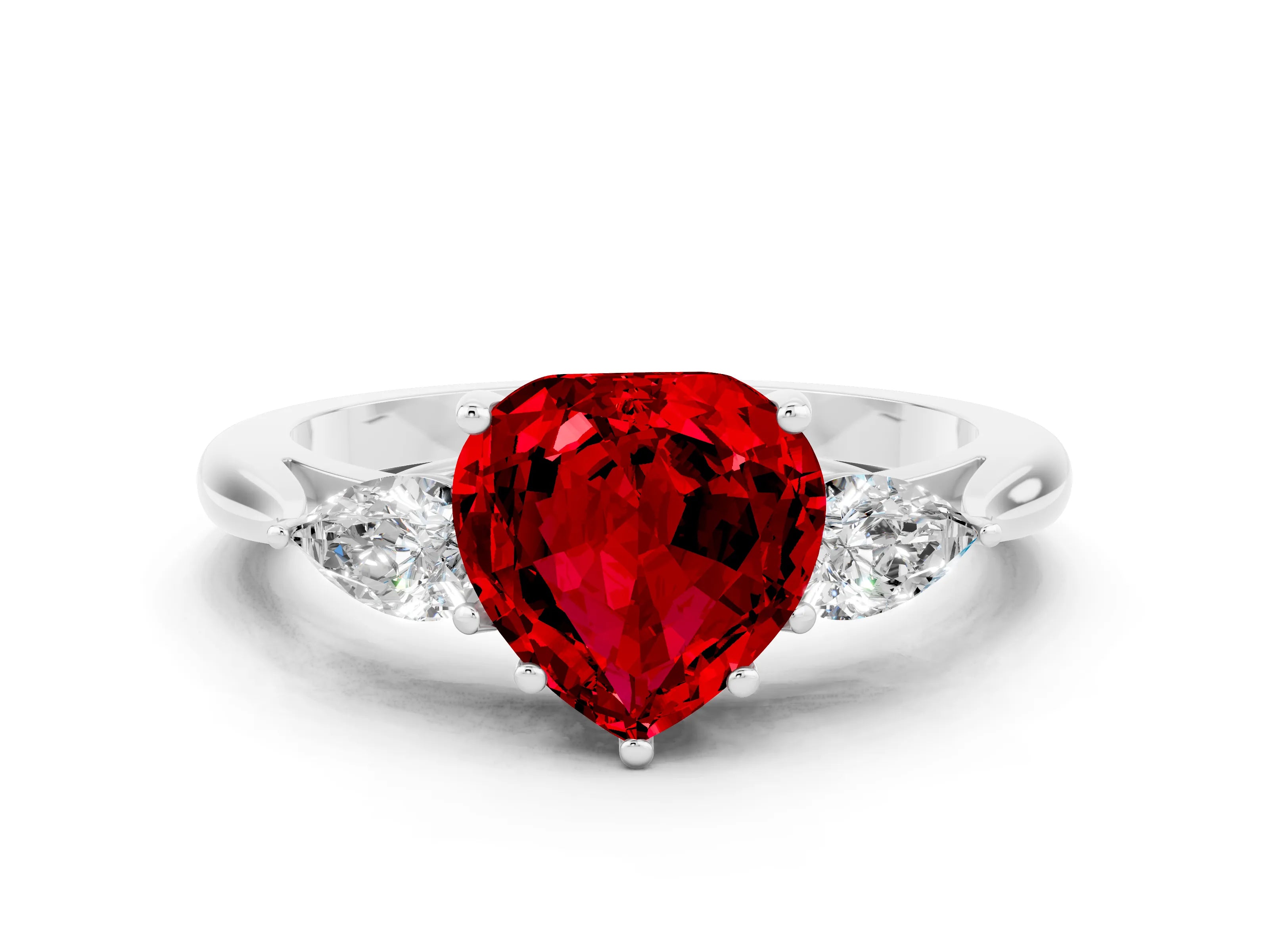 White gold Heart Cut Ruby Three-Stone Ring with Pear Side Stones and Four-Prong Setting_12