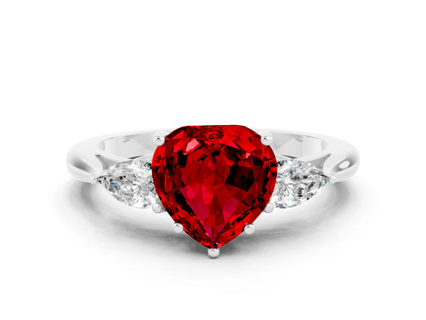 White gold Heart Cut Ruby Three-Stone Ring with Pear  Side Stones and Prong Setting