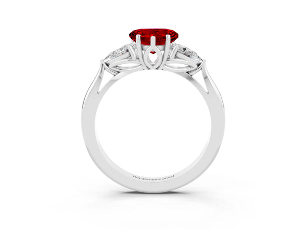 Silver Heart Cut Ruby Three-Stone Ring with Pear  Side Stones and Prong Setting