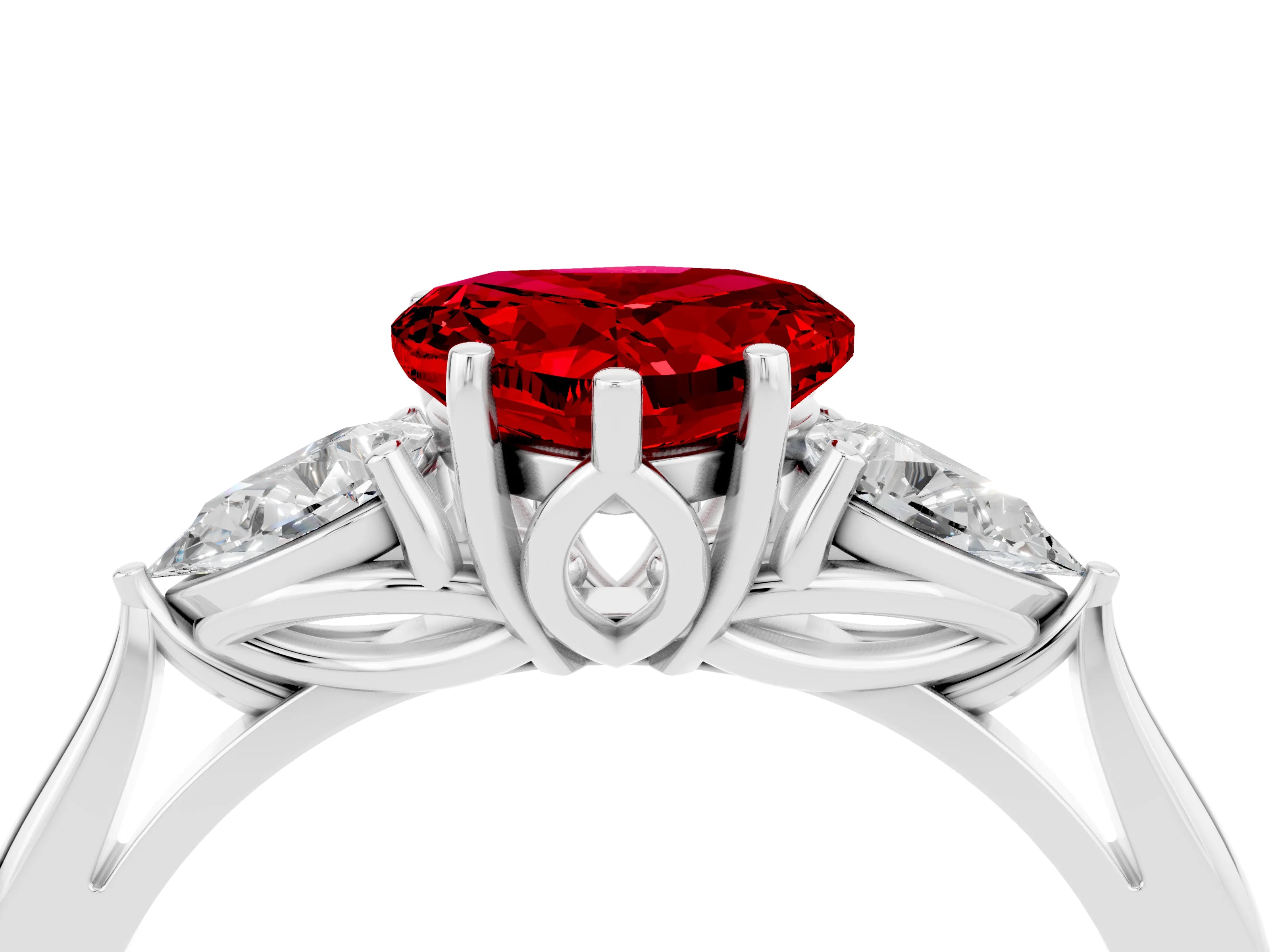 White gold Heart Cut Ruby Three-Stone Ring with Pear Side Stones and Four-Prong Setting_16