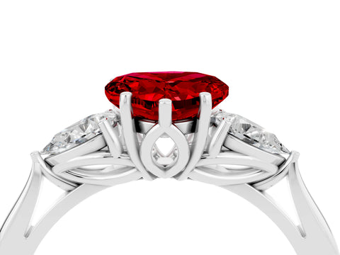 White gold Heart Cut Ruby Three-Stone Ring with Pear Side Stones and Four-Prong Setting_16