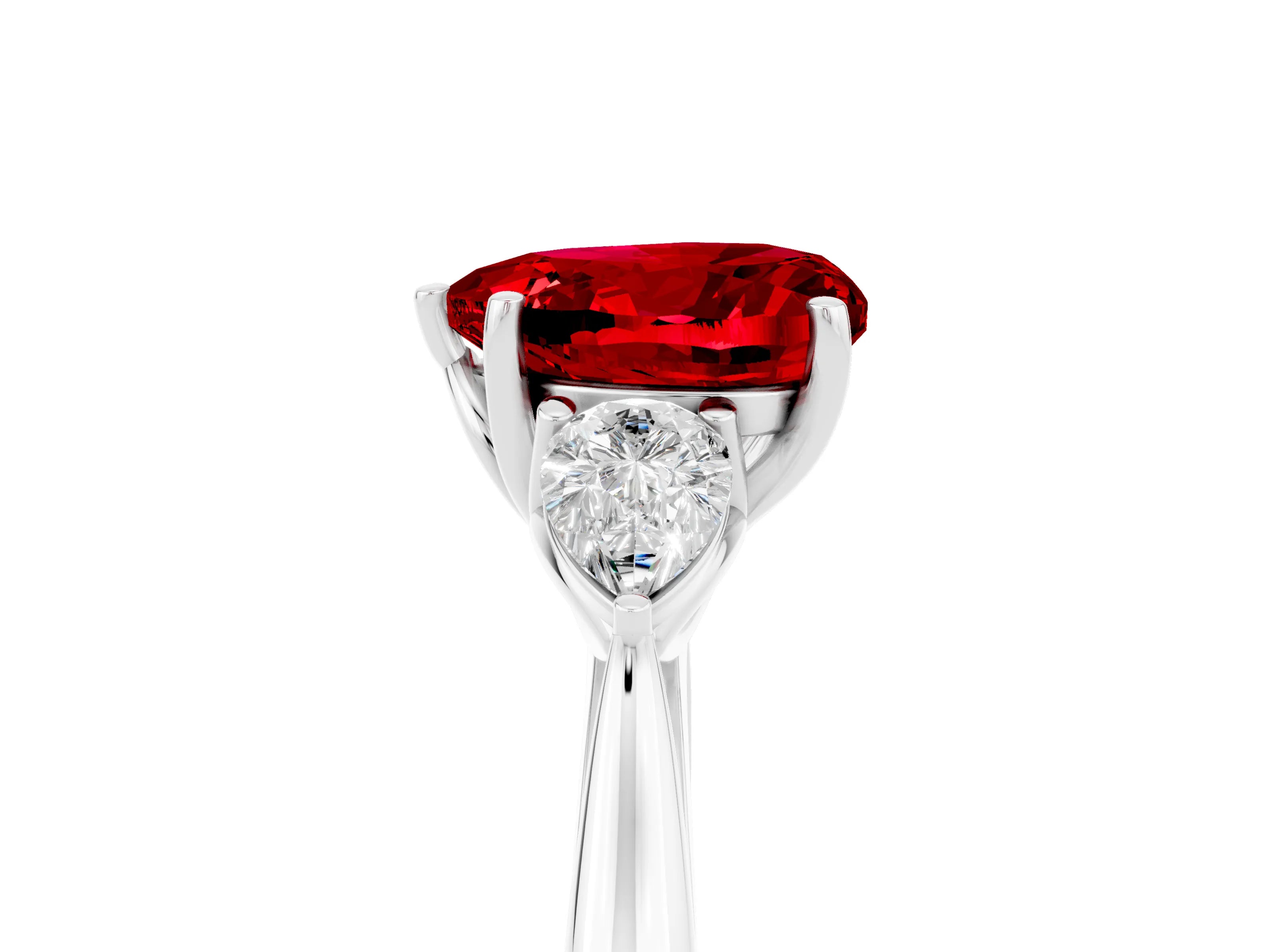 White gold Heart Cut Ruby Three-Stone Ring with Pear Side Stones and Four-Prong Setting_17