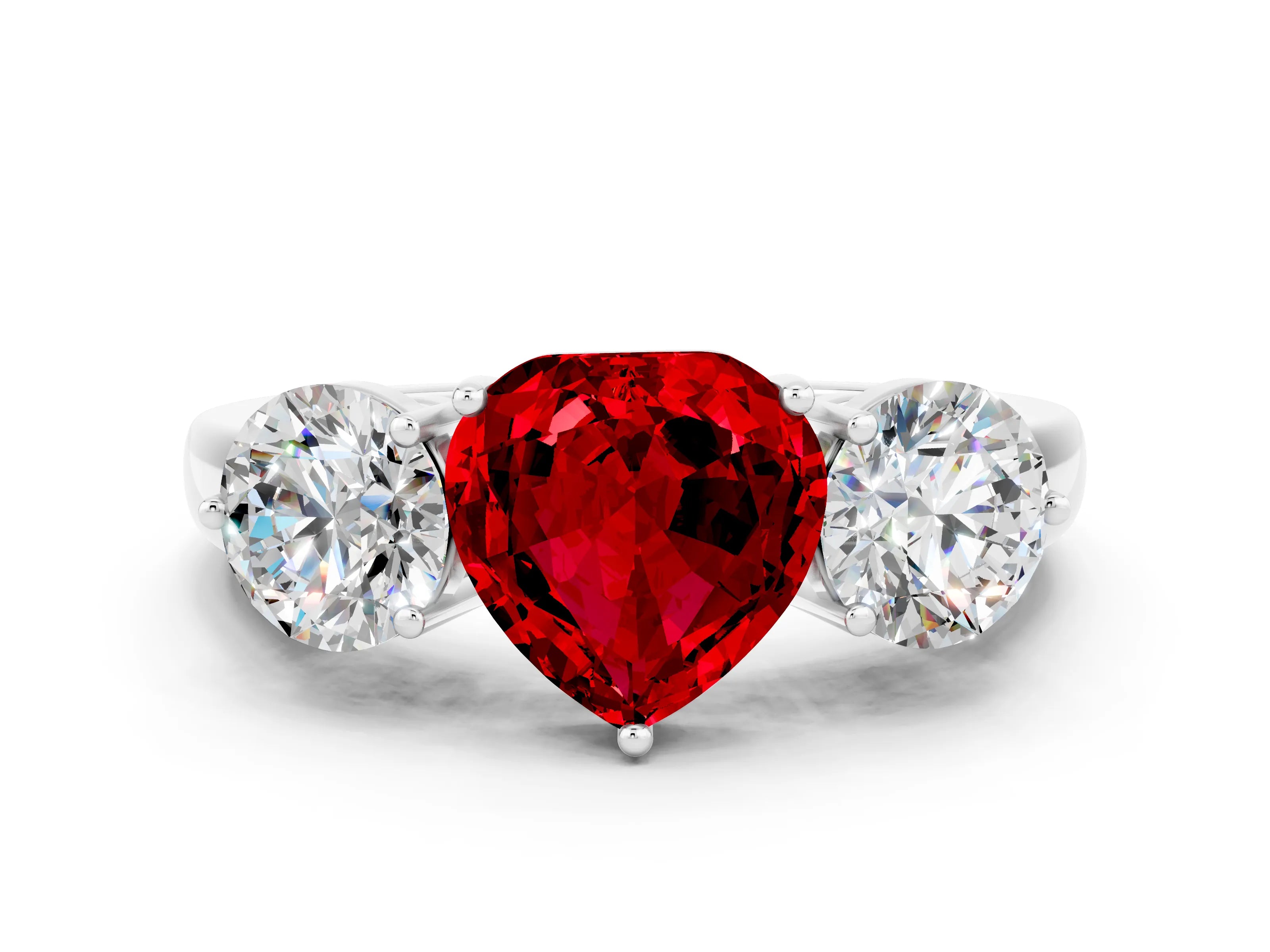 White gold Heart Cut Ruby Three-Stone Ring with Prong Setting and Classic Band