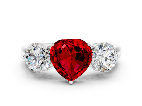 Platinum Heart Cut Ruby Three-Stone Ring with Prong Setting and Classic Band