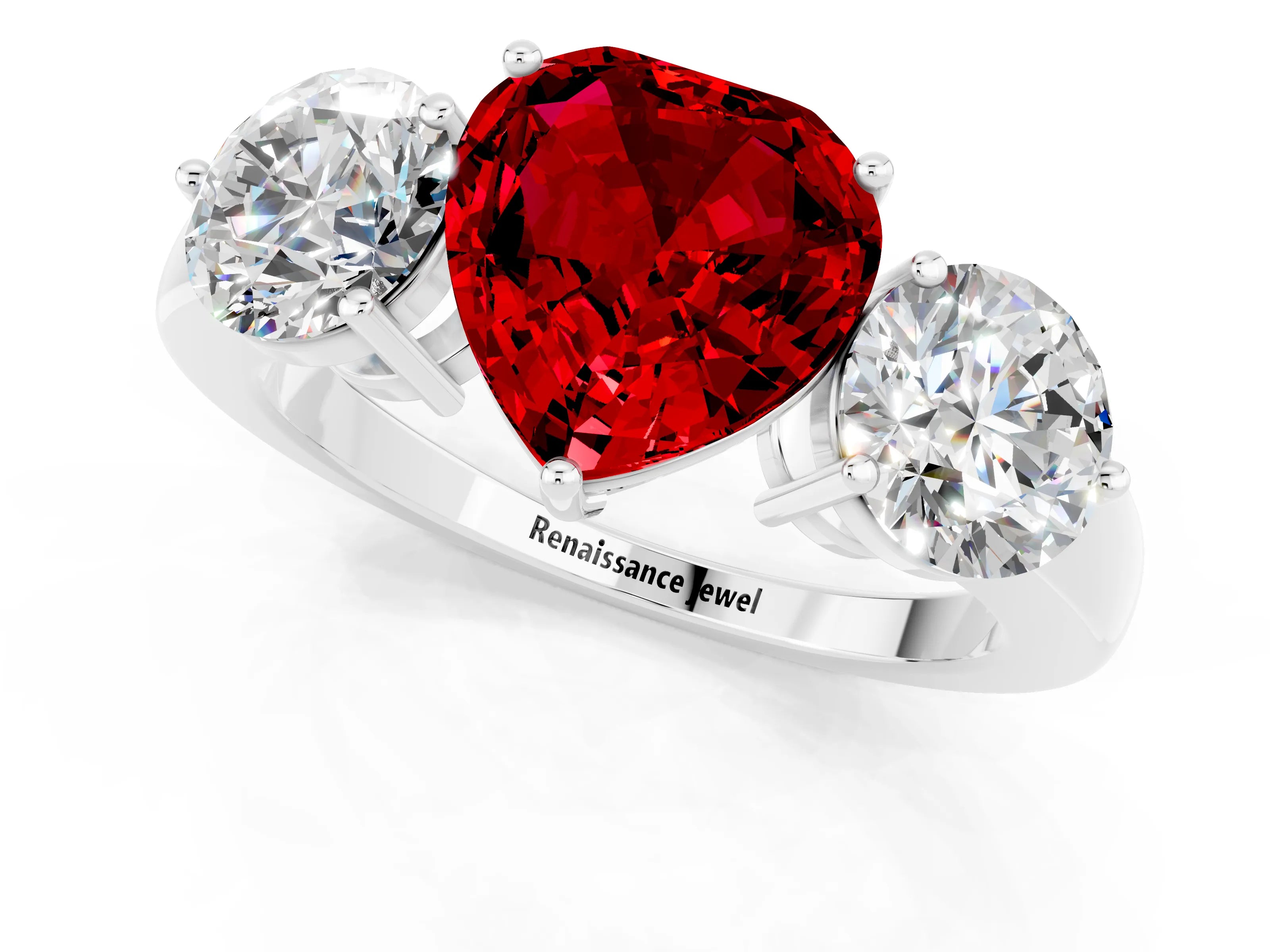 White gold Heart Cut Ruby Three-Stone Ring with Prong Setting and Classic Band_1