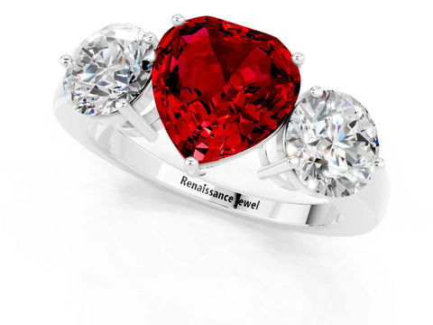 White gold Heart Cut Ruby Three-Stone Ring with Prong Setting and Classic Band_1