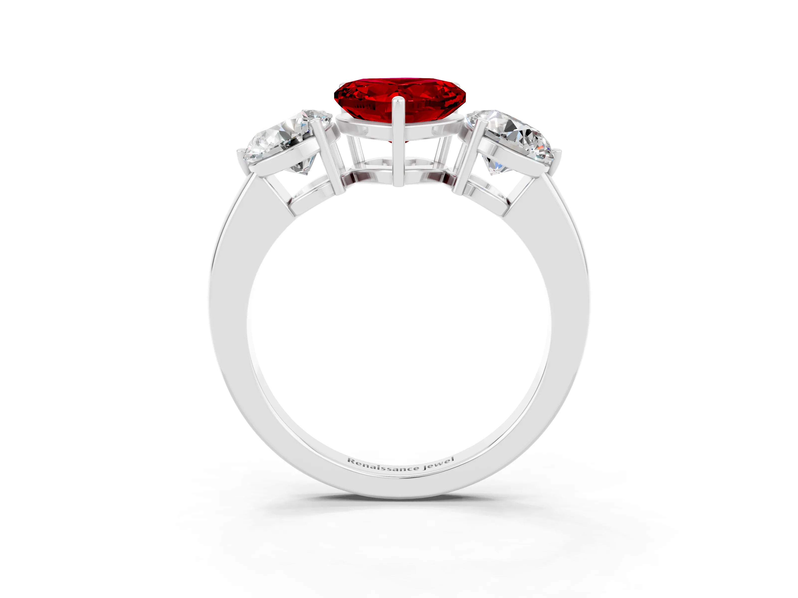 White gold Heart Cut Ruby Three-Stone Ring with Prong Setting and Classic Band_3