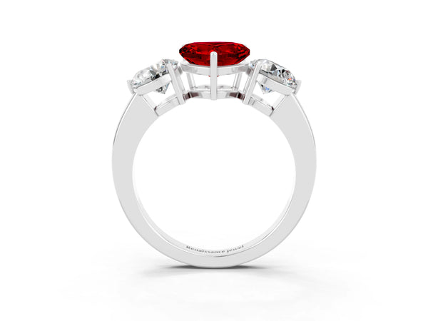 White gold Heart Cut Ruby Three-Stone Ring with Prong Setting and Classic Band