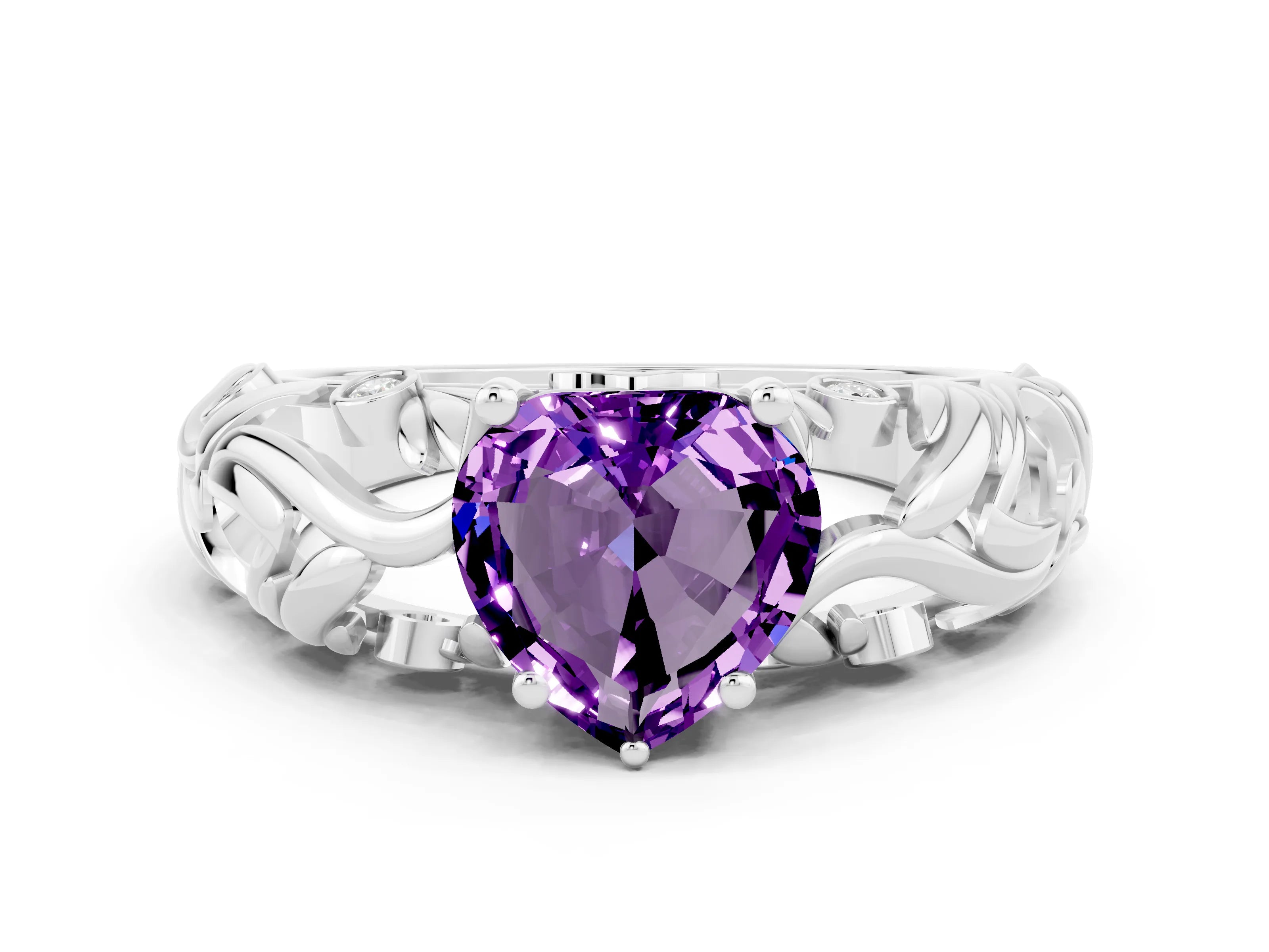 White gold Heart Cut Solitaire Amethyst Leaf-Inspired Vine Band Ring with Prong Setting