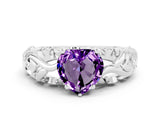 White gold Heart Cut Solitaire Amethyst Leaf-Inspired Vine Band Ring with Prong Setting