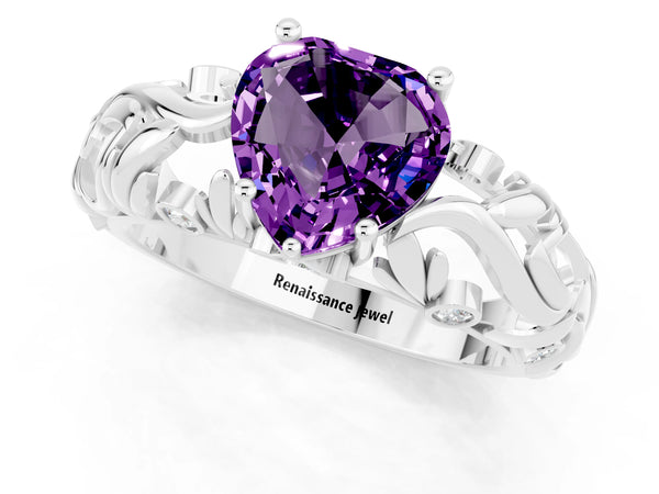 White gold Heart Cut Solitaire Amethyst Leaf-Inspired Vine Band Ring with Prong Setting