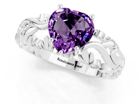 White gold Heart Cut Solitaire Amethyst Leaf-Inspired Vine Band Ring with Prong Setting_1