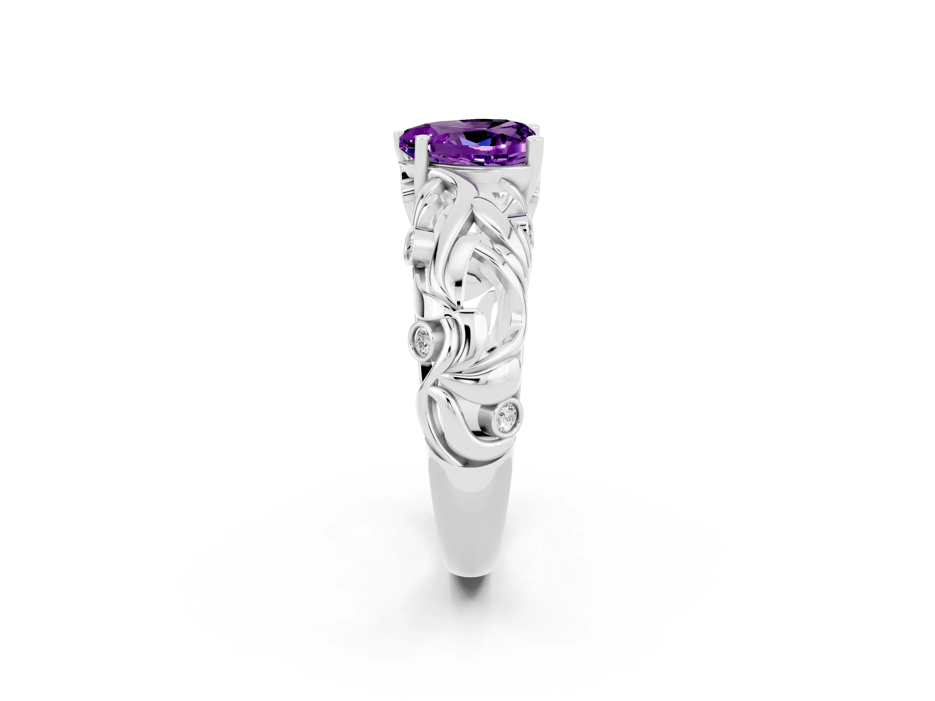 White gold Heart Cut Solitaire Amethyst Leaf-Inspired Vine Band Ring with Prong Setting_2