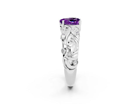 White gold Heart Cut Solitaire Amethyst Leaf-Inspired Vine Band Ring with Prong Setting_2