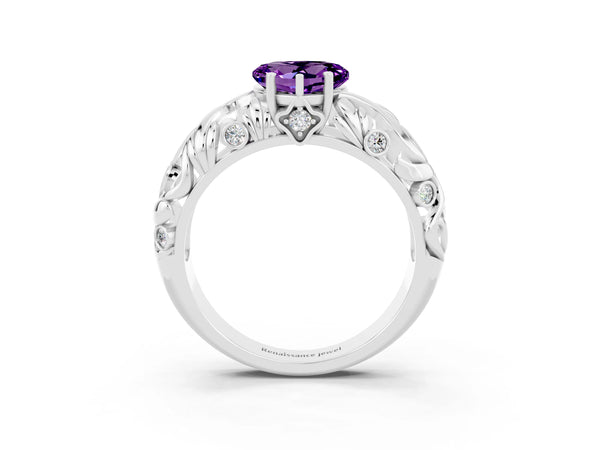 White gold Heart Cut Solitaire Amethyst Leaf-Inspired Vine Band Ring with Prong Setting