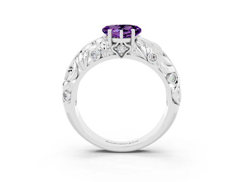 White gold Heart Cut Solitaire Amethyst Leaf-Inspired Vine Band Ring with Prong Setting_3