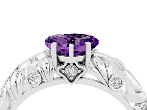 White gold Heart Cut Solitaire Amethyst Leaf-Inspired Vine Band Ring with Prong Setting_4
